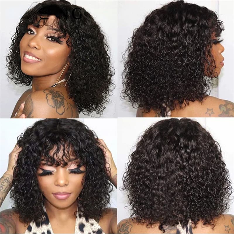 Jerry Curly Human Hair Wigs With Bangs Virgin Human Hair Ombre Colored Bob Wig Wear Go Glueless Wig