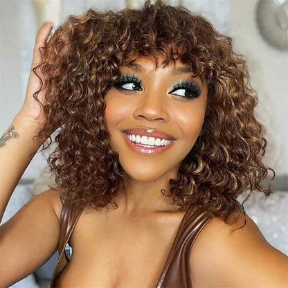 Jerry Curly Human Hair Wigs With Bangs Virgin Human Hair Ombre Colored Bob Wig Wear Go Glueless Wig