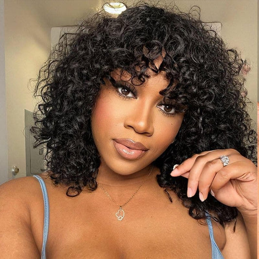 Jerry Curly Human Hair Wigs With Bangs Virgin Human Hair Ombre Colored Bob Wig Wear Go Glueless Wig