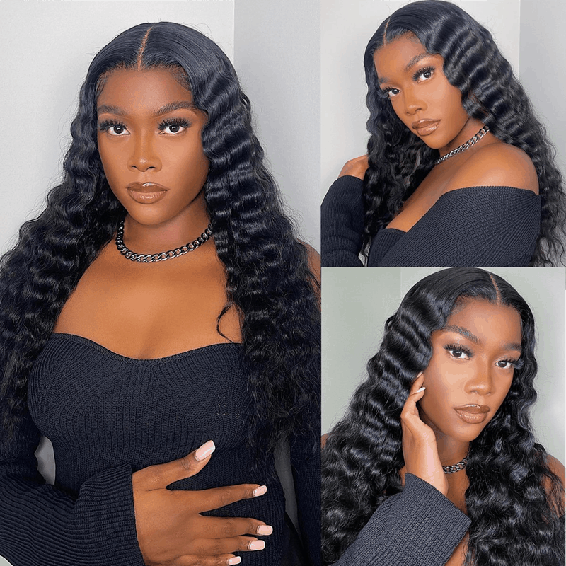 Natural Crimps Curls Loose Deep Wave 13×4 Lace Front Wigs Natural Black Pre Plucked With Baby Hair