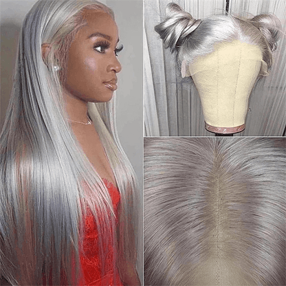Silver Grey Hair Straight Hair Lace Frontal Wigs