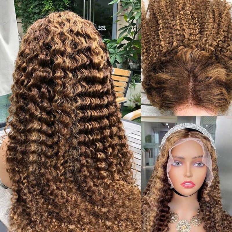 Ombre Highlight Honey Blonde Color Deep Wave Wig 13×4 HD Lace Frontal Wig Human Hair Wig