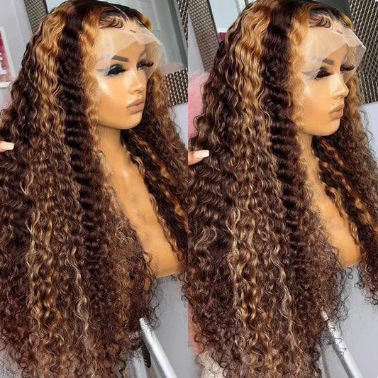 Ombre Highlight Honey Blonde Color Deep Wave Wig 13×4 HD Lace Frontal Wig Human Hair Wig