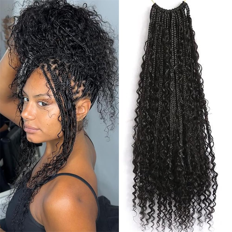 Pre-looped Boho Box Braids Crochet Hair With Human Hair Curls Boho Braids Curly 3 Packs