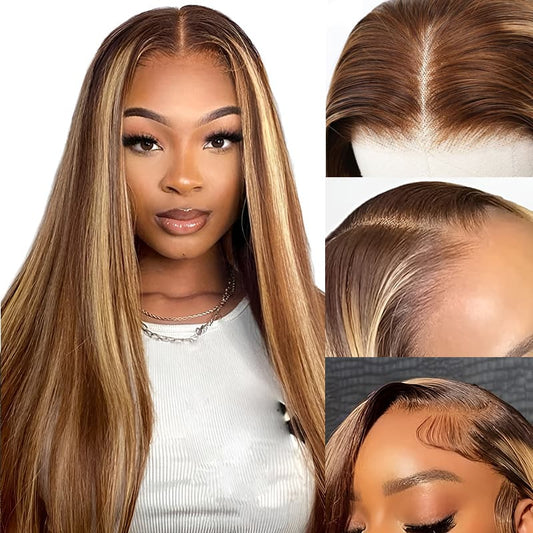 Ready Go Highlight Glueless Lace Wig Straight Human Hair Wig Honey Blonde Color Pre Cut