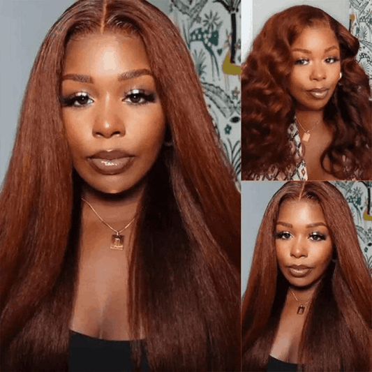Reddish Brown 13×4 Lace Front Wig Kinky Straight Human Hair Wig  Pre Plucked 180% Density