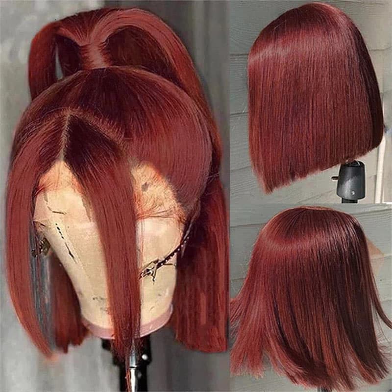 Reddish Brown #33 Straight Bob Wig 4×4 And 13×4 Lace Wigs 180% Density Dark Auburn Color