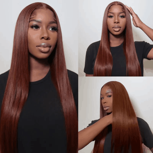 Reddish Brown Bone Straight Wig Pre-Cut Lace Wig Auburn Copper Color Wear & Go Lace Wig
