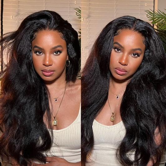 13×4 Kinky Straight Lace Front Wigs 180% Density Natural Black Preplucked Human Hair Wigs