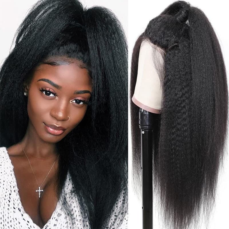 13×4 Kinky Straight Lace Front Wigs 180% Density Natural Black Preplucked Human Hair Wigs