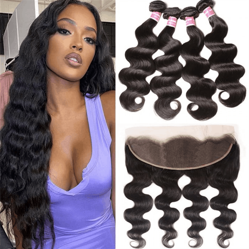 Remy Forte 13×4 Frontal Closure Body Wave With 4 Bundles Natural Color Virgin Human Hair Weave