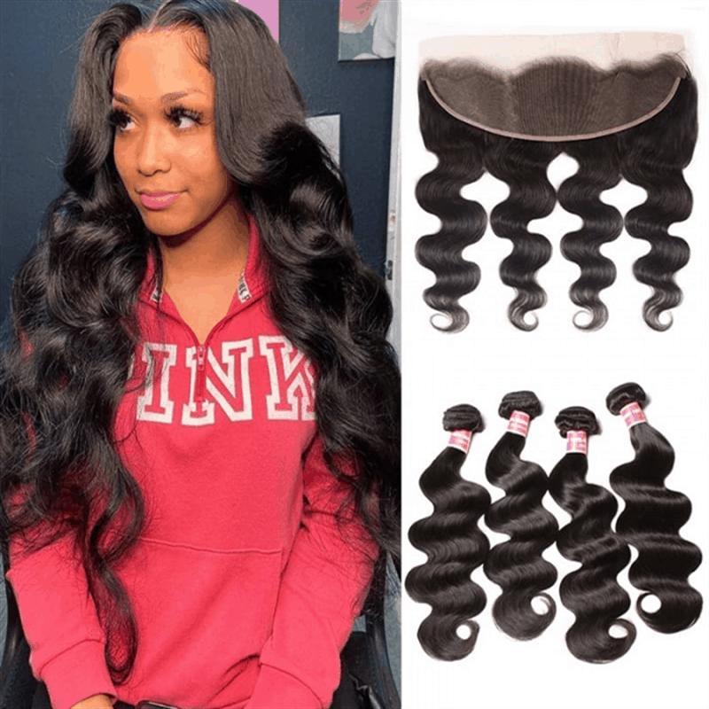 Remy Forte 13×4 Frontal Closure Body Wave With 4 Bundles Natural Color Virgin Human Hair Weave