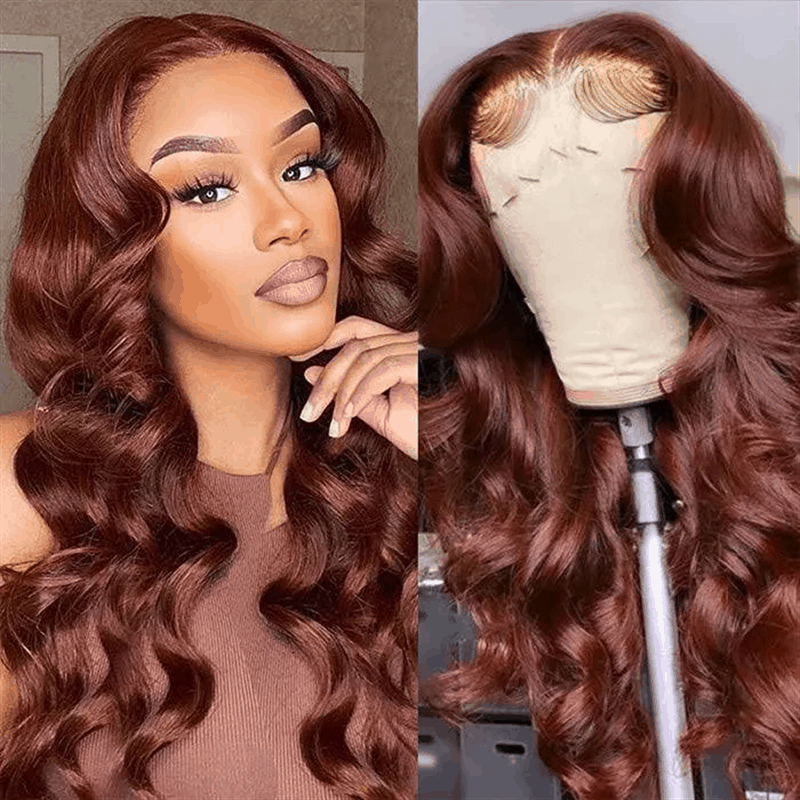 13×4 Frontal Lace Body Wave Human Hair Wig #33B Reddish Brown Human Hair Wigs With Baby Hair