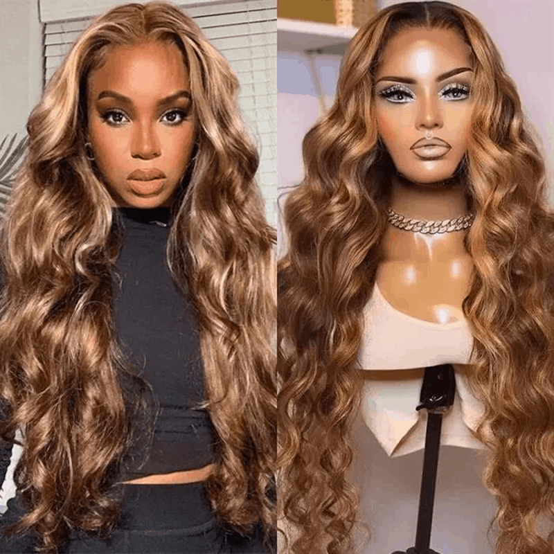 Brown and Honey Blonde Body Wavy Human Hair Wigs