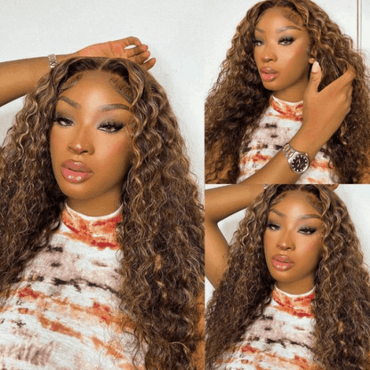 Bogo Free Highlights #4/27 Kinky Curly 13×4 Lace Wig And Reddish Brown Straight Pre-Cut Lace Wig