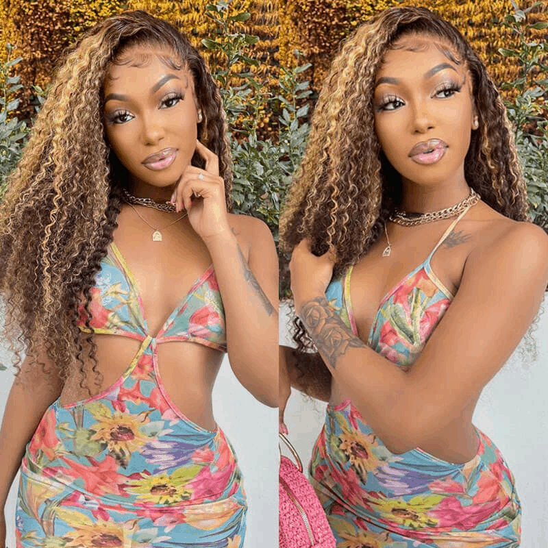 Bogo Free Highlights #4/27 Kinky Curly 13×4 Lace Wig And Reddish Brown Straight Pre-Cut Lace Wig