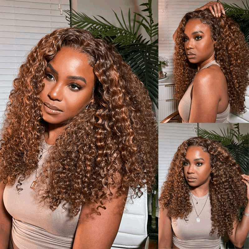 Bogo Free Highlights #4/27 Kinky Curly 13×4 Lace Wig And Reddish Brown Straight Pre-Cut Lace Wig