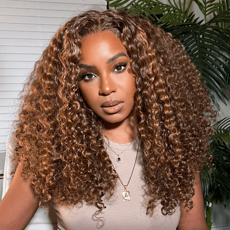 Bogo Free Highlights #4/27 Kinky Curly 13×4 Lace Wig And Reddish Brown Straight Pre-Cut Lace Wig
