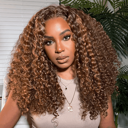 Bogo Free Highlights #4/27 Kinky Curly 13×4 Lace Wig And Reddish Brown Straight Pre-Cut Lace Wig