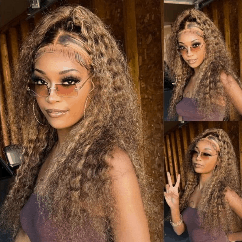 Bogo Free Highlights #4/27 Kinky Curly 13×4 Lace Wig And Reddish Brown Straight Pre-Cut Lace Wig