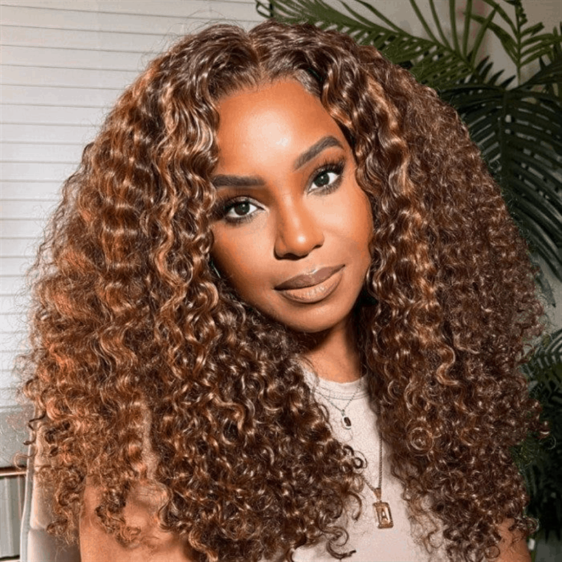 Bogo Free Highlights #4/27 Kinky Curly 13×4 Lace Wig And Reddish Brown Straight Pre-Cut Lace Wig