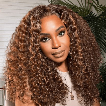 Bogo Free Highlights #4/27 Kinky Curly 13×4 Lace Wig And Reddish Brown Straight Pre-Cut Lace Wig