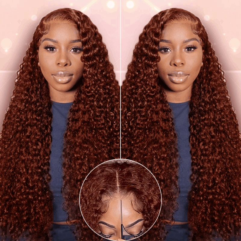 Flash Deal #33B Reddish Brown Auburn Color Kinky Curly Wear Go Glueless Wigs Pre-cut Lace Wigs No Code Needed