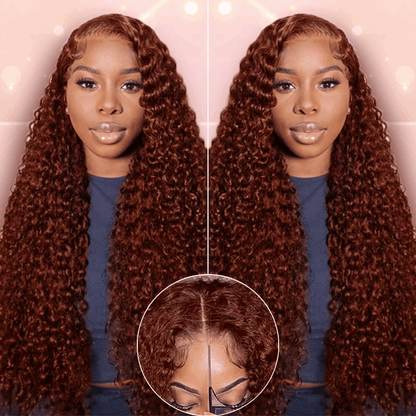 Flash Deal #33B Reddish Brown Auburn Color Kinky Curly Wear Go Glueless Wigs Pre-cut Lace Wigs No Code Needed