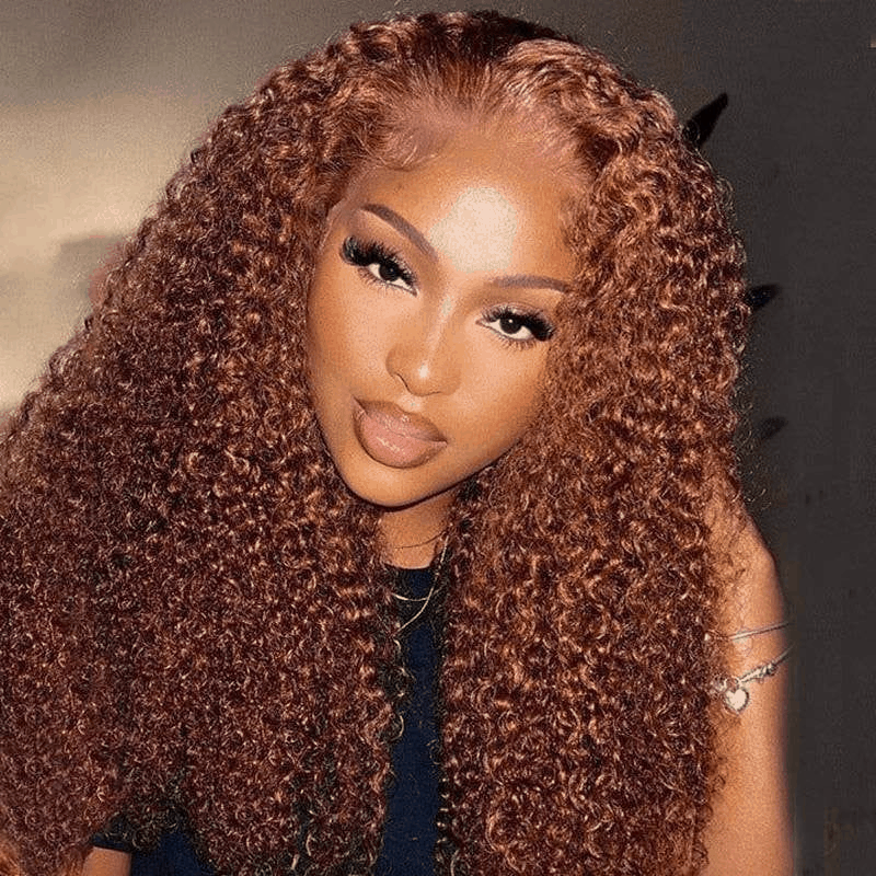 Flash Deal #33B Reddish Brown Auburn Color Kinky Curly Wear Go Glueless Wigs Pre-cut Lace Wigs No Code Needed