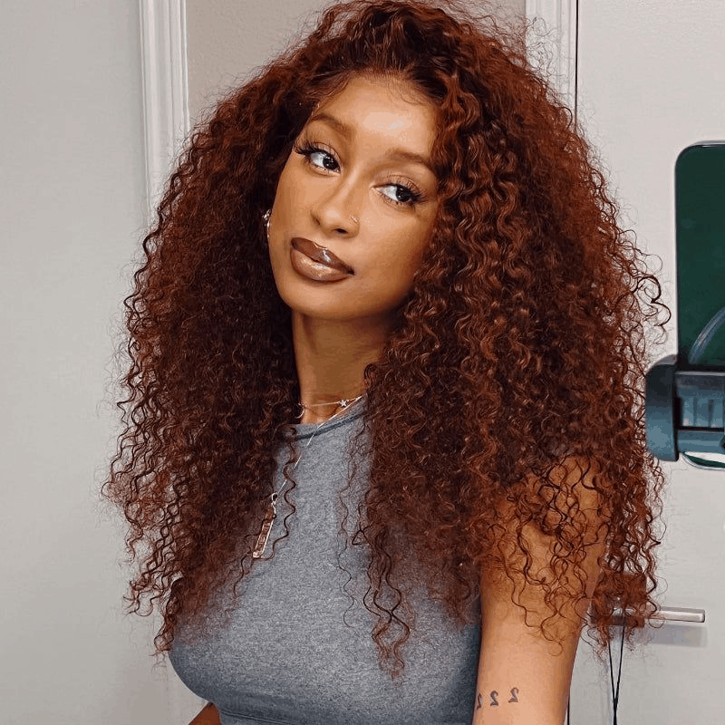 Flash Deal #33B Reddish Brown Auburn Color Kinky Curly Wear Go Glueless Wigs Pre-cut Lace Wigs No Code Needed