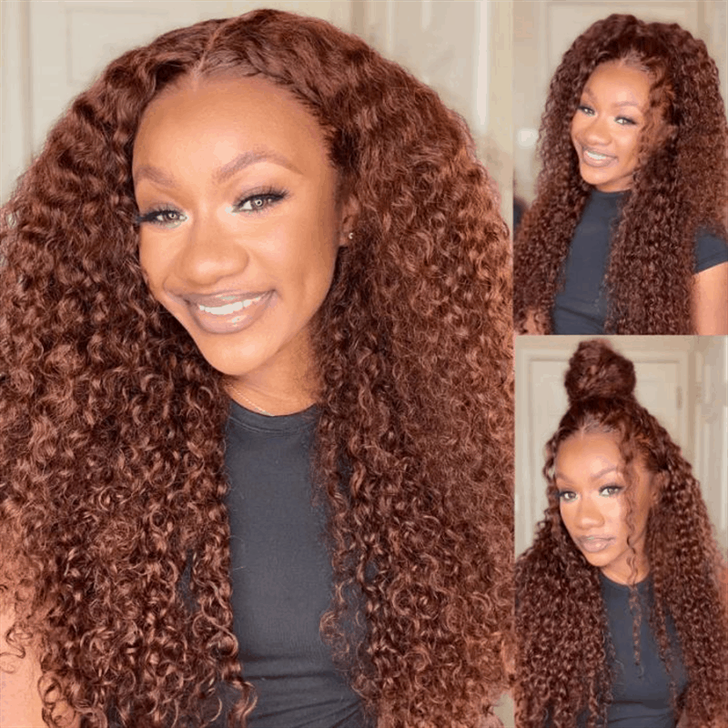 Flash Deal #33B Reddish Brown Auburn Color Kinky Curly Wear Go Glueless Wigs Pre-cut Lace Wigs No Code Needed