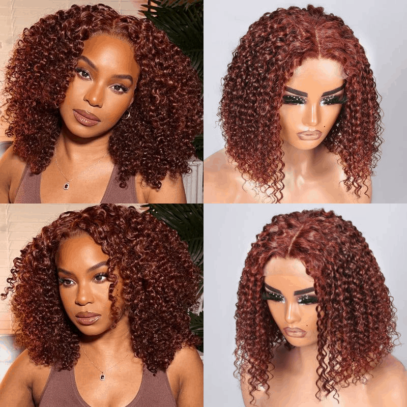 Flash Deal #33B Reddish Brown Auburn Color Kinky Curly Wear Go Glueless Wigs Pre-cut Lace Wigs No Code Needed