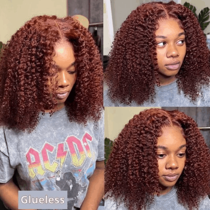 Flash Deal #33B Reddish Brown Auburn Color Kinky Curly Wear Go Glueless Wigs Pre-cut Lace Wigs No Code Needed