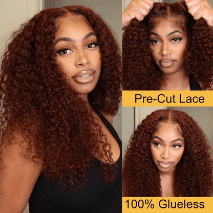 Flash Deal #33B Reddish Brown Auburn Color Kinky Curly Wear Go Glueless Wigs Pre-cut Lace Wigs No Code Needed