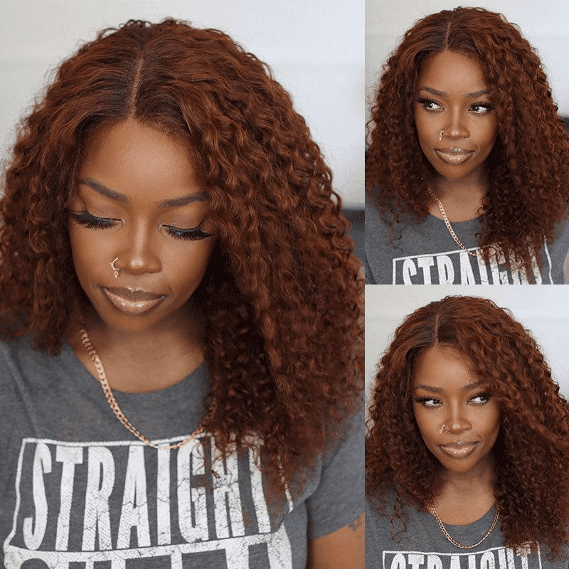 Flash Deal #33B Reddish Brown Auburn Color Kinky Curly Wear Go Glueless Wigs Pre-cut Lace Wigs No Code Needed