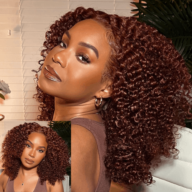 Flash Deal #33B Reddish Brown Auburn Color Kinky Curly Wear Go Glueless Wigs Pre-cut Lace Wigs No Code Needed