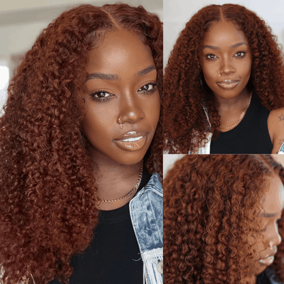 Flash Deal #33B Reddish Brown Auburn Color Kinky Curly Wear Go Glueless Wigs Pre-cut Lace Wigs No Code Needed