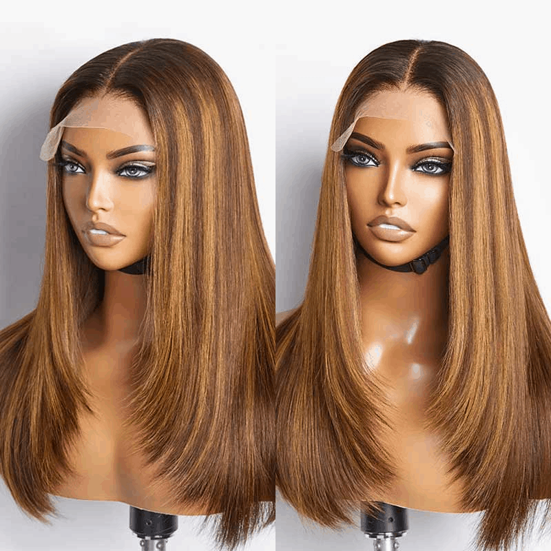 5x5 Lace Closure Straight Wig Honey Blonde Piano Highlights Human Hair Wigs 180% Density