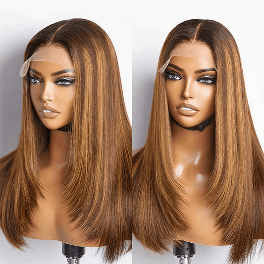 5x5 Lace Closure Straight Wig Honey Blonde Piano Highlights Human Hair Wigs 180% Density
