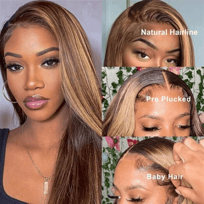 5x5 Lace Closure Straight Wig Honey Blonde Piano Highlights Human Hair Wigs 180% Density