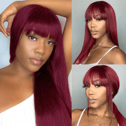 Cute 99J Color Straight 4×4 And 13×4 Lace Front Human Hair Wigs With Bangs Lace Wig Muti Density