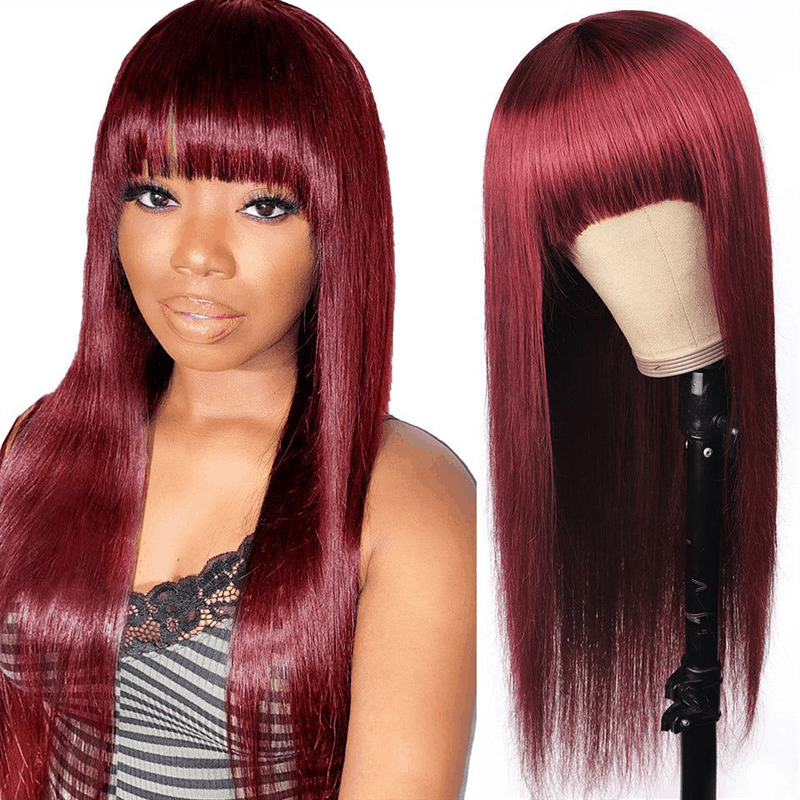 Under $100 #99J Burgundy 4×4 Lace Wigs With Bangs Flash Sale
