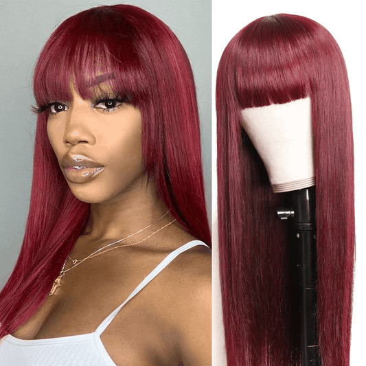 Under $100 #99J Burgundy 4×4 Lace Wigs With Bangs Flash Sale