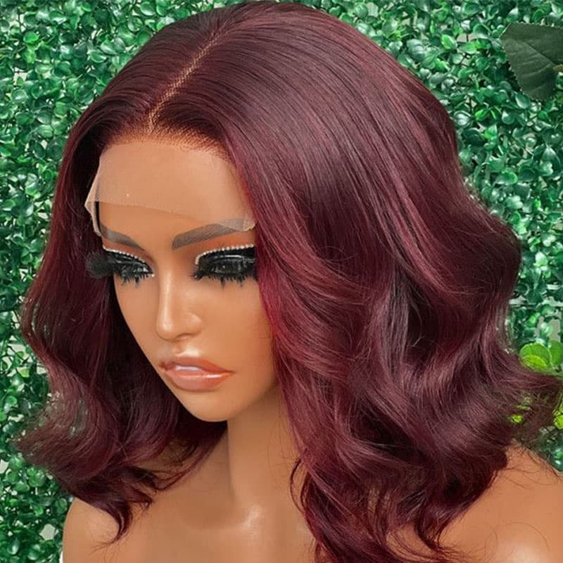 99J Short Bob Wig Wavy Glueless 4×4 And 13×4 Lace Wig Short Body Wave Human Hair Red Color
