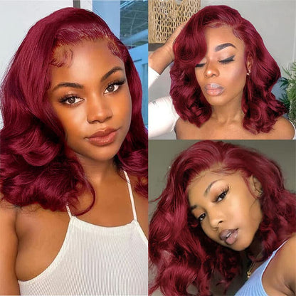 99J Short Bob Wig Wavy Glueless 4×4 And 13×4 Lace Wig Short Body Wave Human Hair Red Color