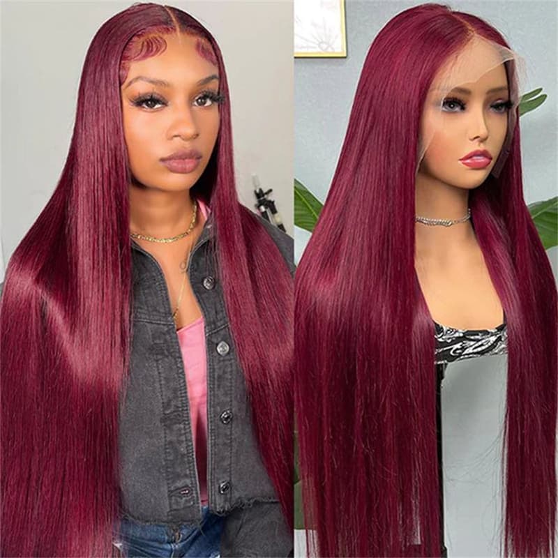 99J Wig Silky Straight Burgundy 13×6 Transparent HD Lace Front Human Hair Wigs Pre Plucked