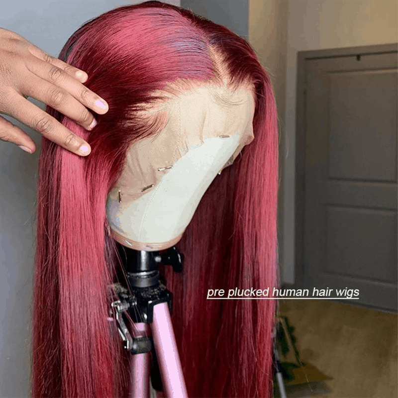 99J Wig Silky Straight Burgundy 13×6 Transparent HD Lace Front Human Hair Wigs Pre Plucked