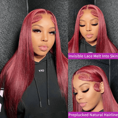 99J Wig Silky Straight Burgundy 13×6 Transparent HD Lace Front Human Hair Wigs Pre Plucked