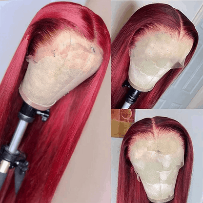 99J Wig Silky Straight Burgundy 13×6 Transparent HD Lace Front Human Hair Wigs Pre Plucked