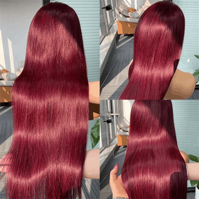 99J Wig Silky Straight Burgundy 13×6 Transparent HD Lace Front Human Hair Wigs Pre Plucked